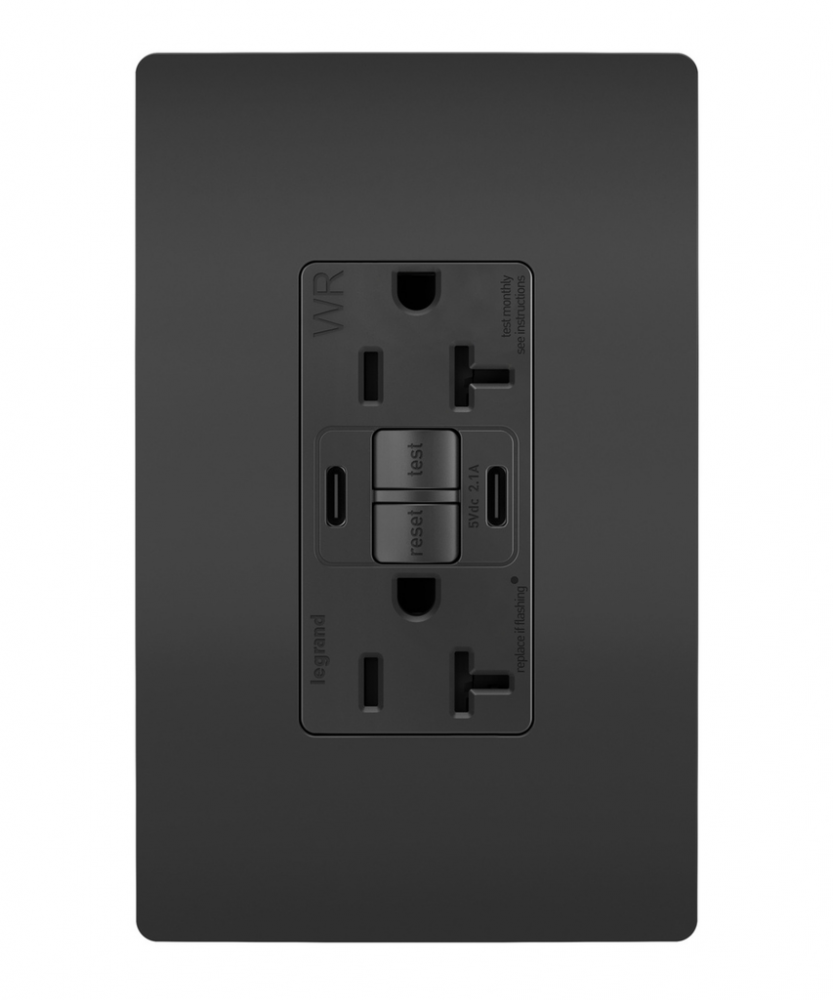 radiant? Tamper-Resistant Weather-Resistant Duplex Self-Test GFCI with USB Type C/C Outlet, Black