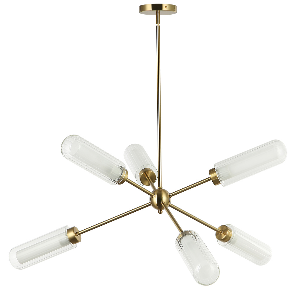 6 Light Aged Brass Chandelier w/ Clear Fluted & Frosted Glass