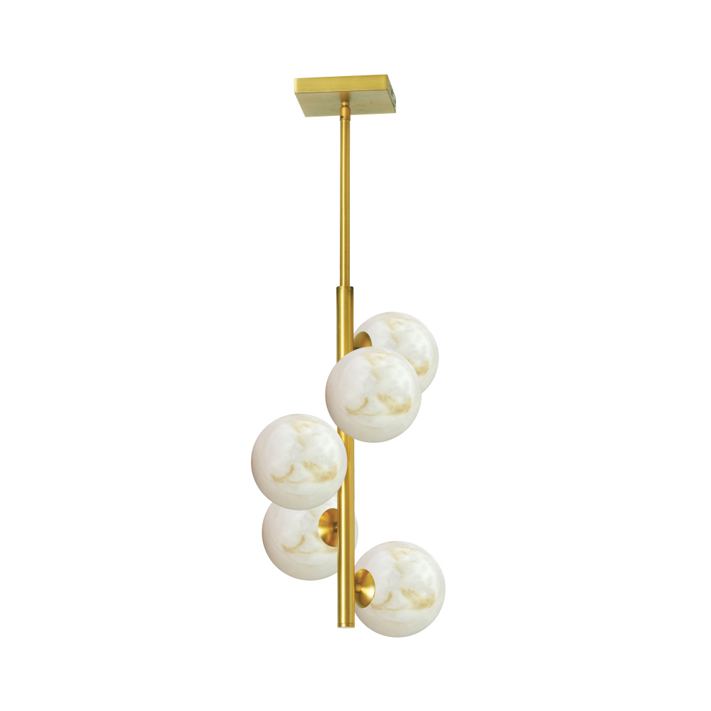 5 Light Aged Brass Pendant w/ Alabaster Glass