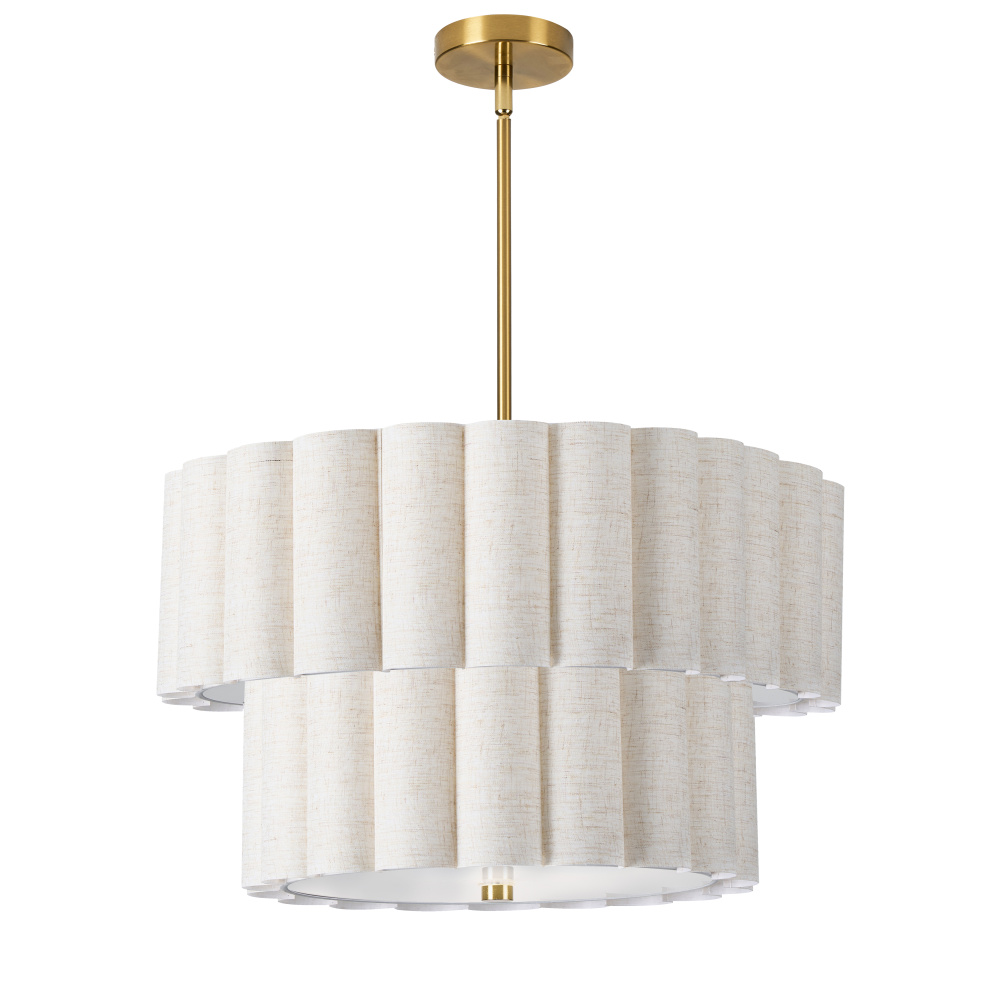 4 Light Aged Brass 2 Tier Pendant w/ Flax Scallop Shades