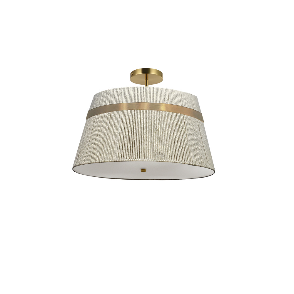 3 Light Semi-Flush Mount in Aged Brass w/ Natural String Shade