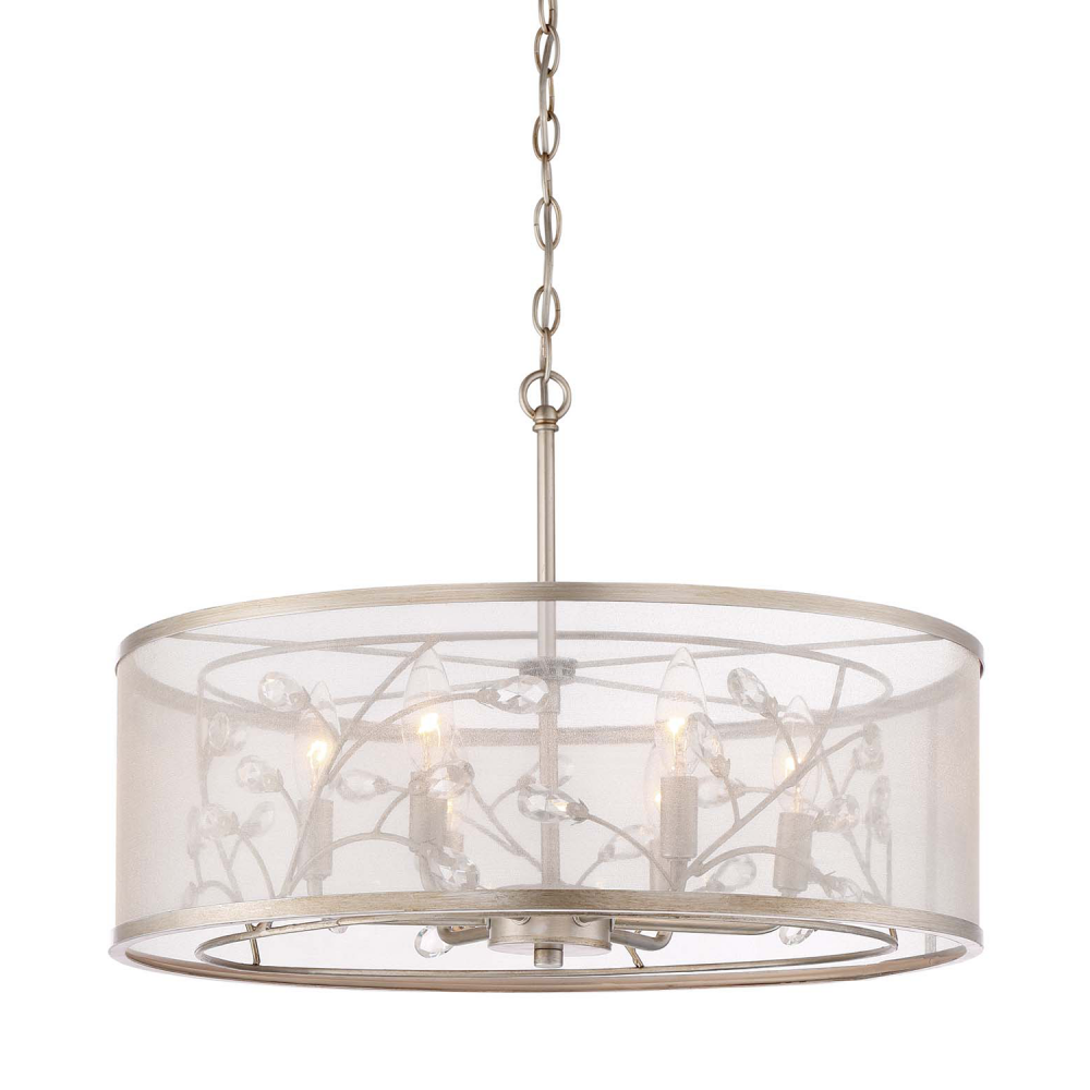 Vine 21" 6-Light, Organza Drum Shade Crystal Pendant in Silver