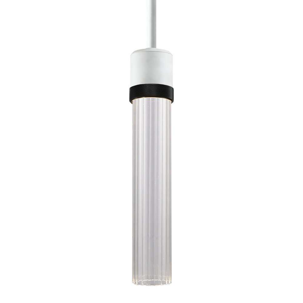 Zigrina 12" Fluted Glass LED Pendant in White and Black Knurled Ring