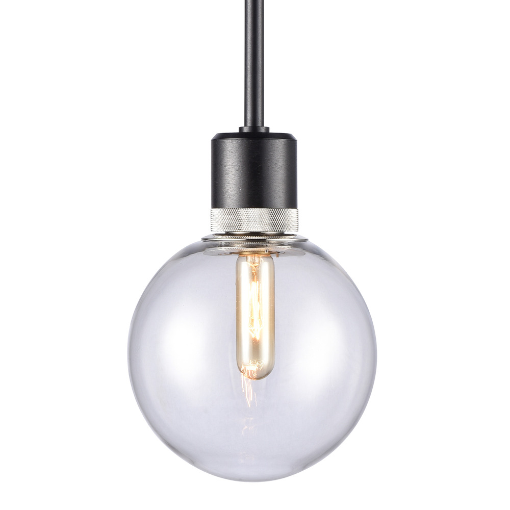 8" E26 Clear Globe Glass Pendant Light and Satin Brushed Black with Nickel Metal Finish